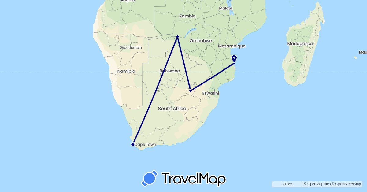 TravelMap itinerary: driving in Mozambique, South Africa, Zambia (Africa)