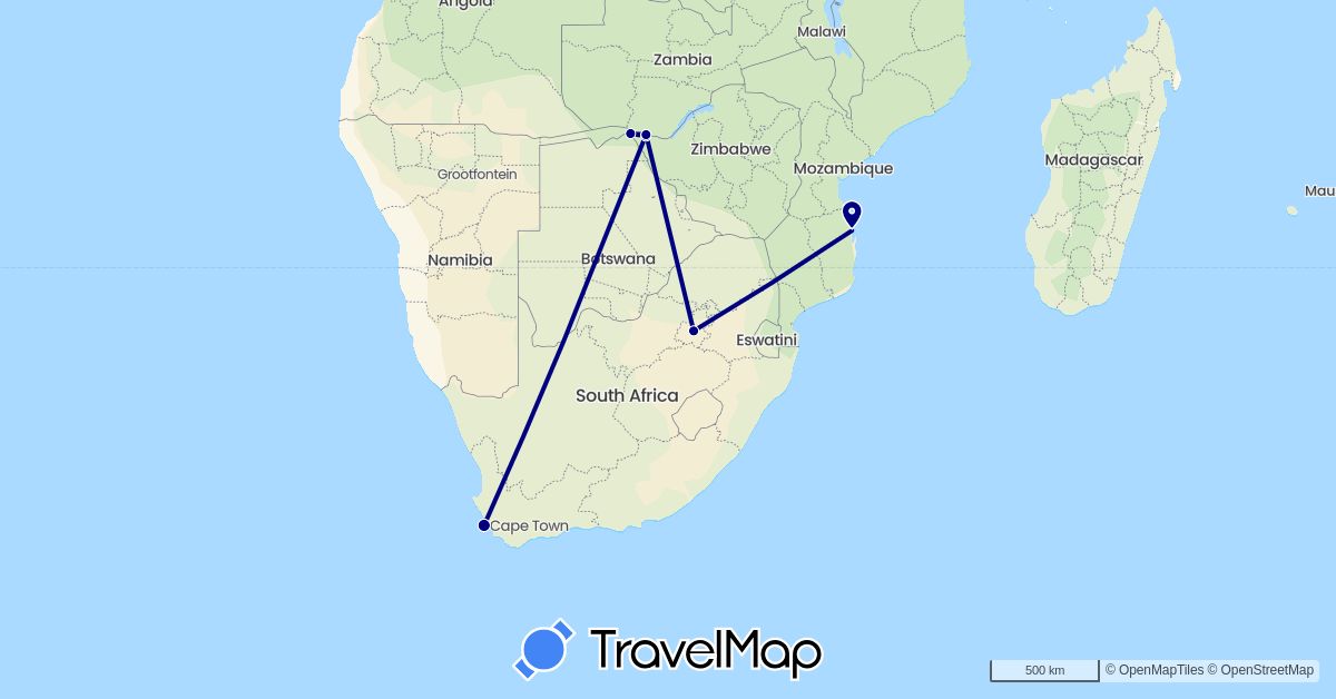 TravelMap itinerary: driving in Botswana, Mozambique, South Africa, Zambia, Zimbabwe (Africa)